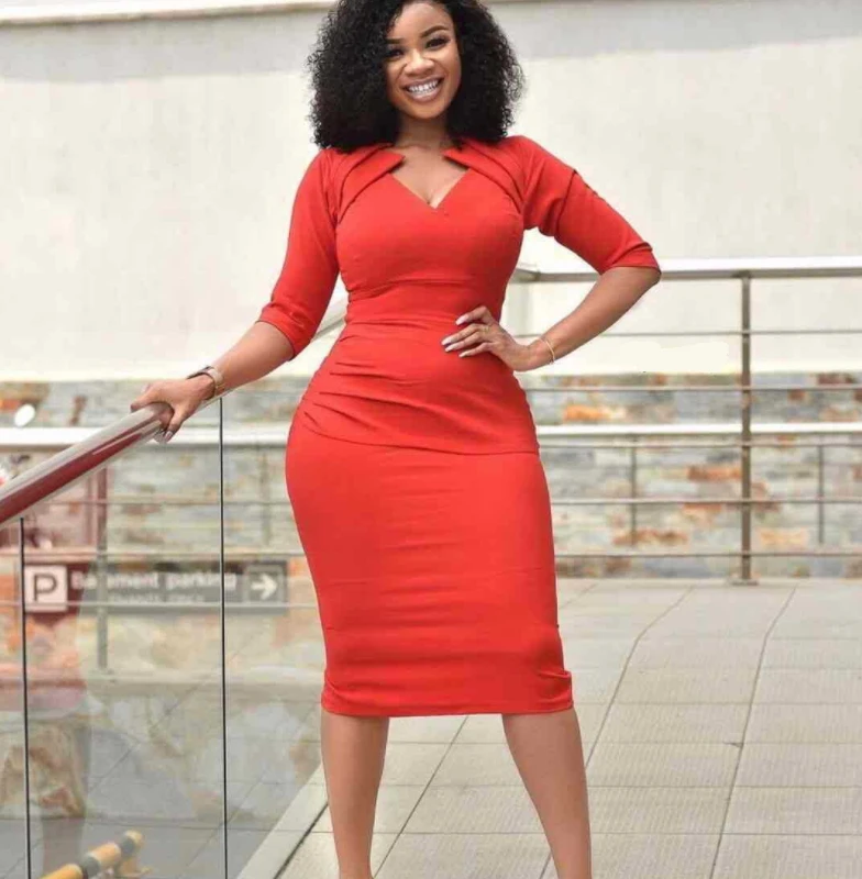 African dress new V collar pure color temperament long dress five-minute sleeve women's wear