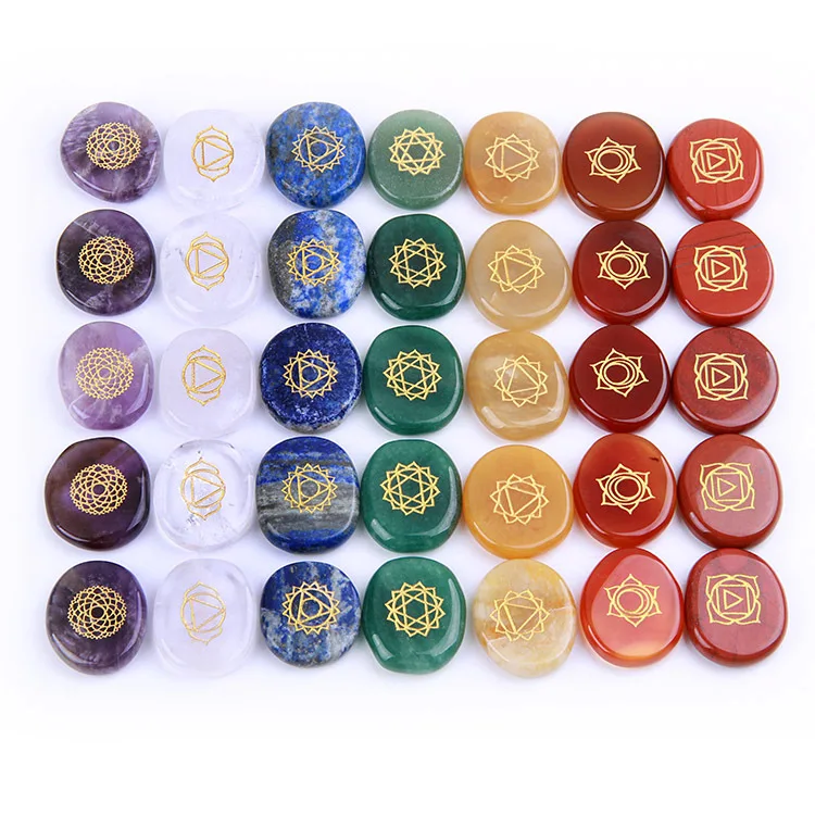 Loveliome Tiger's Eye Yoga Chakra Stones Engraved Symbols Reiki Healing Crystal Balancing Polished Pocket Palm Stones Set of 7 