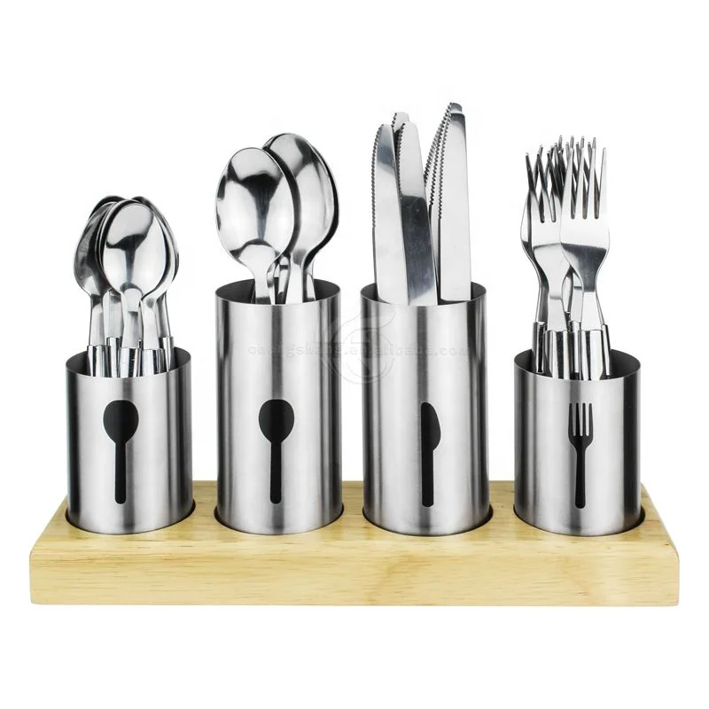 Metal Cutlery Holder Set Stainless Steel Flatware Bamboo Wood Base Forks Knives Spoons Dining Kitchen Cutlery Holder