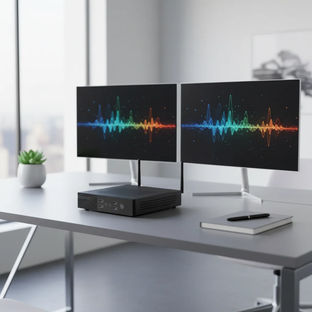 Side-by-side comparison showing mini PC size vs traditional tower PC