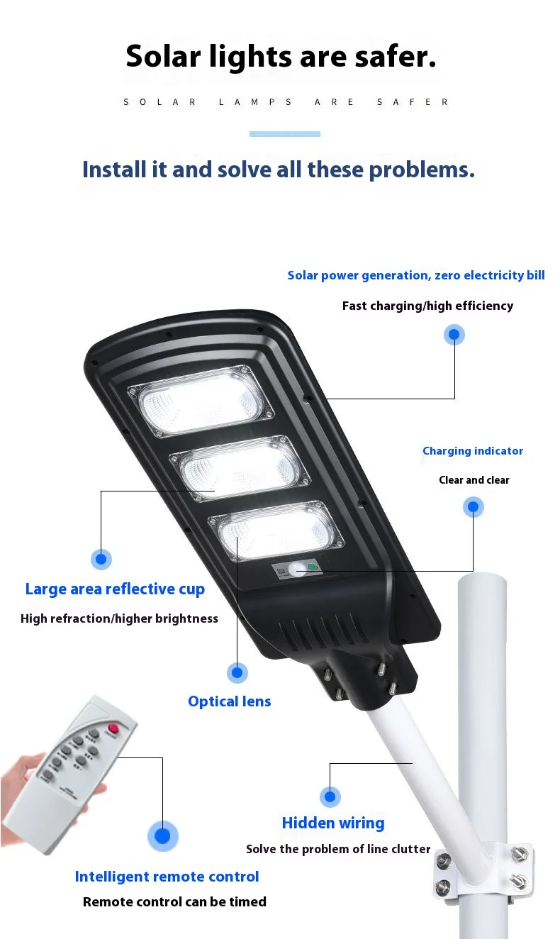 LED集成太阳能路灯人体雷达传感器新型IP66/65 ABS车身反光杯，适用于农村室外道路应用