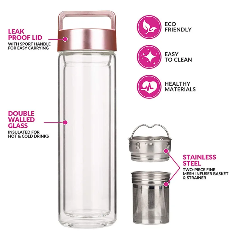 20oz fruit glass water filter cup tea infuser travel water bottle with stainless steel infuser and strainer