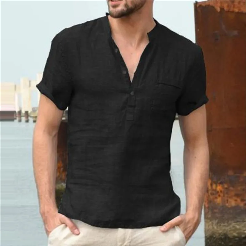 Shirts for Mens,Mens Baggy Cotton Linen Blouse Solid Color Short Sleeve Retro T Shirts Casual Loose Tops with Pocket 