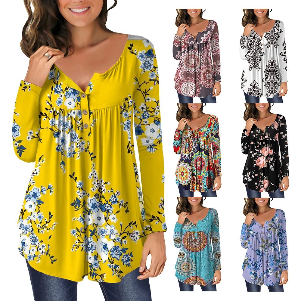 
Custom-made blouse women long sleeve tops tee shirt casual floral loose-fitting V-neck shirt for women 