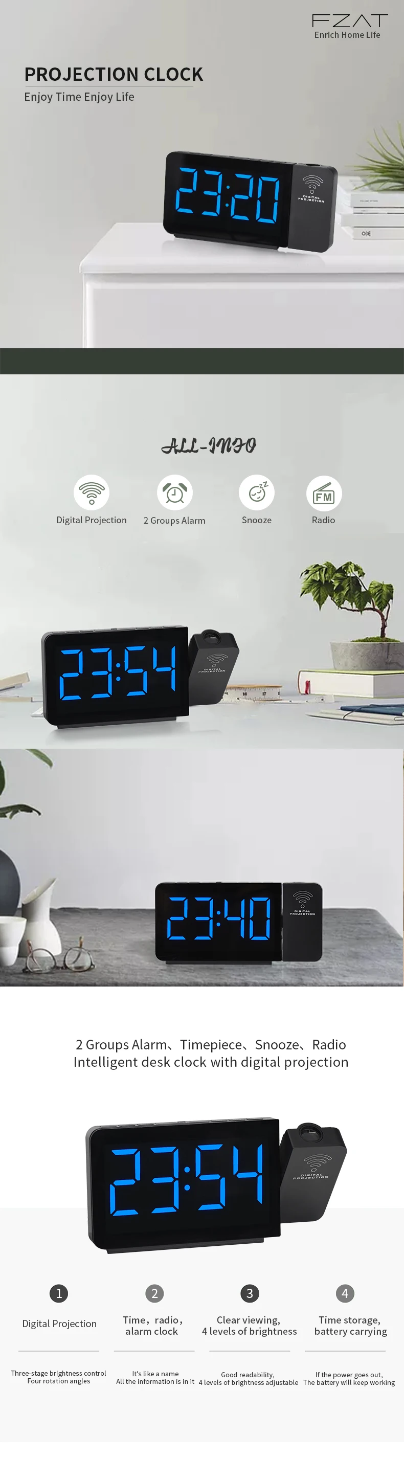 2020 New Design Ceiling Projection Clock With Fm Radio Laser Projection