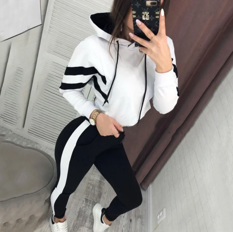 Custom Winter Women Street Wear  Contrast Color Casual Hoodies and Sweat Pants Cotton Sweatsuit Jogging Suit Tracksuit Set Women