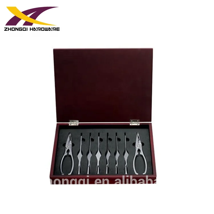 
Deluxe wooden box with lobster crab seafood cracker tool set 