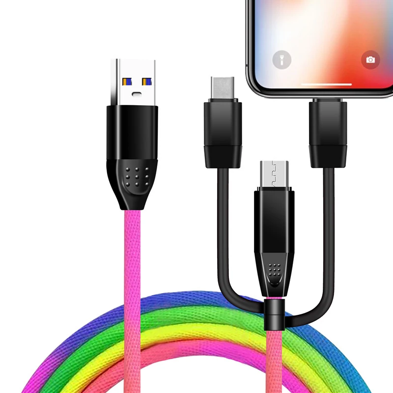 ICE-BINGO Rainbow Color 1m woven 3-in-1 8-pin micro type-C Charging Data Cable Baseus USB Cable Mobile phones For iphone HUAWEI