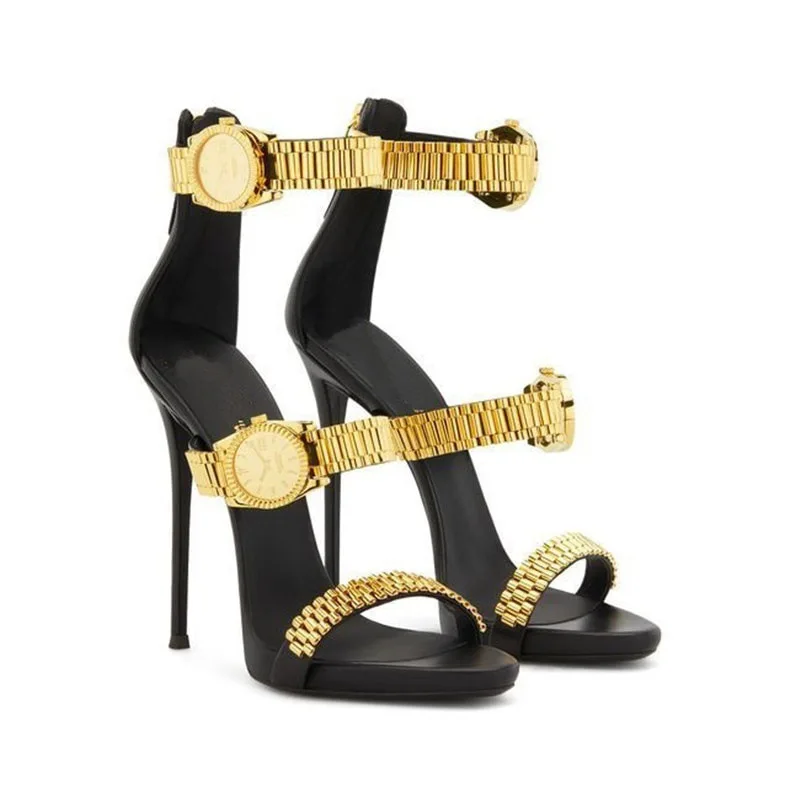 Xinzirain Custom Creative Design High Heels Shoes Gold Ankle Watch  Decoration Open Toe Elegant Black Summer Women Dress Sandals