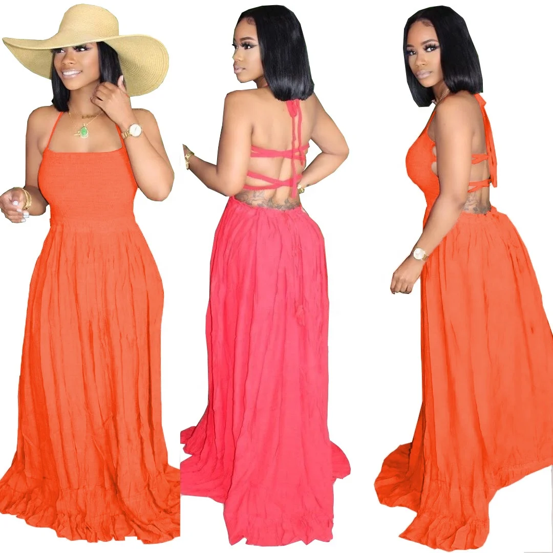 

MT04-105 Loose fit maxi long dresses full pleat backless off shoulder metal halter dress