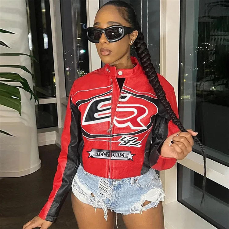 Red Moto Y2K Leather Jacket - Cool Girls Zip Letter Embroidered