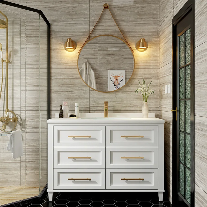Light luxury oak bathroom cabinet combination modern minimalist washbasin cabinet American bathroom vanity solid wood sink