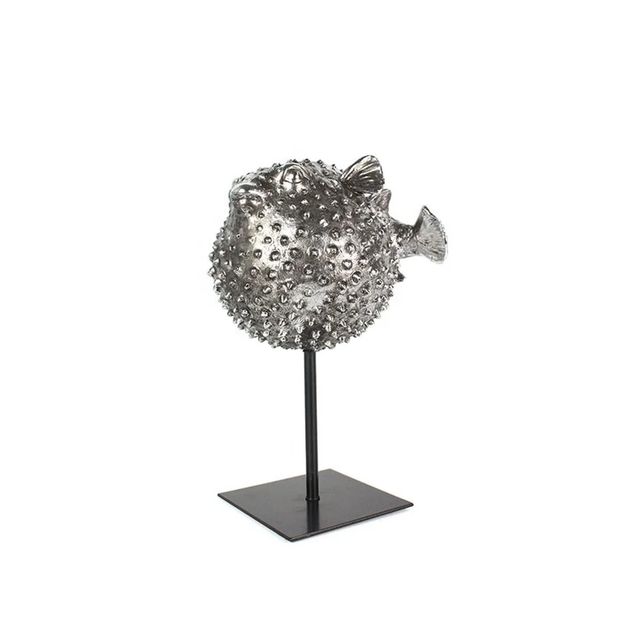 Hot sale resin pufferfish sculpture on metal stand living room decor details