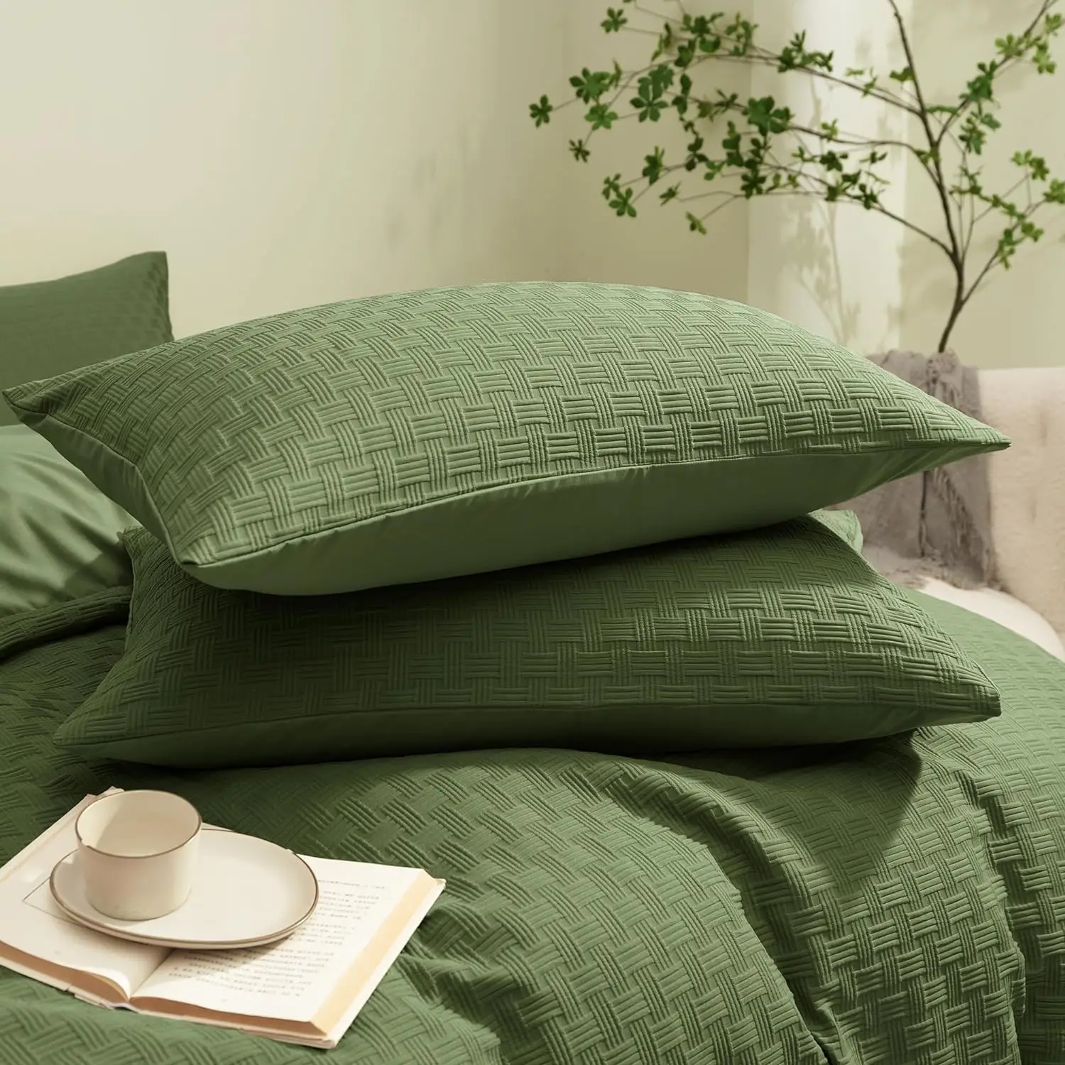 Queen Size Green Microfiber Duvet Cover Set 100% Cotton Bedding Waffle Weave for Home or Hotel manufacture