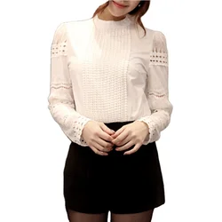 New Women Blouses Slim Bottoming Long-sleeve White Shirt Lace Hook Flower Hollow Plus Size S-5XL