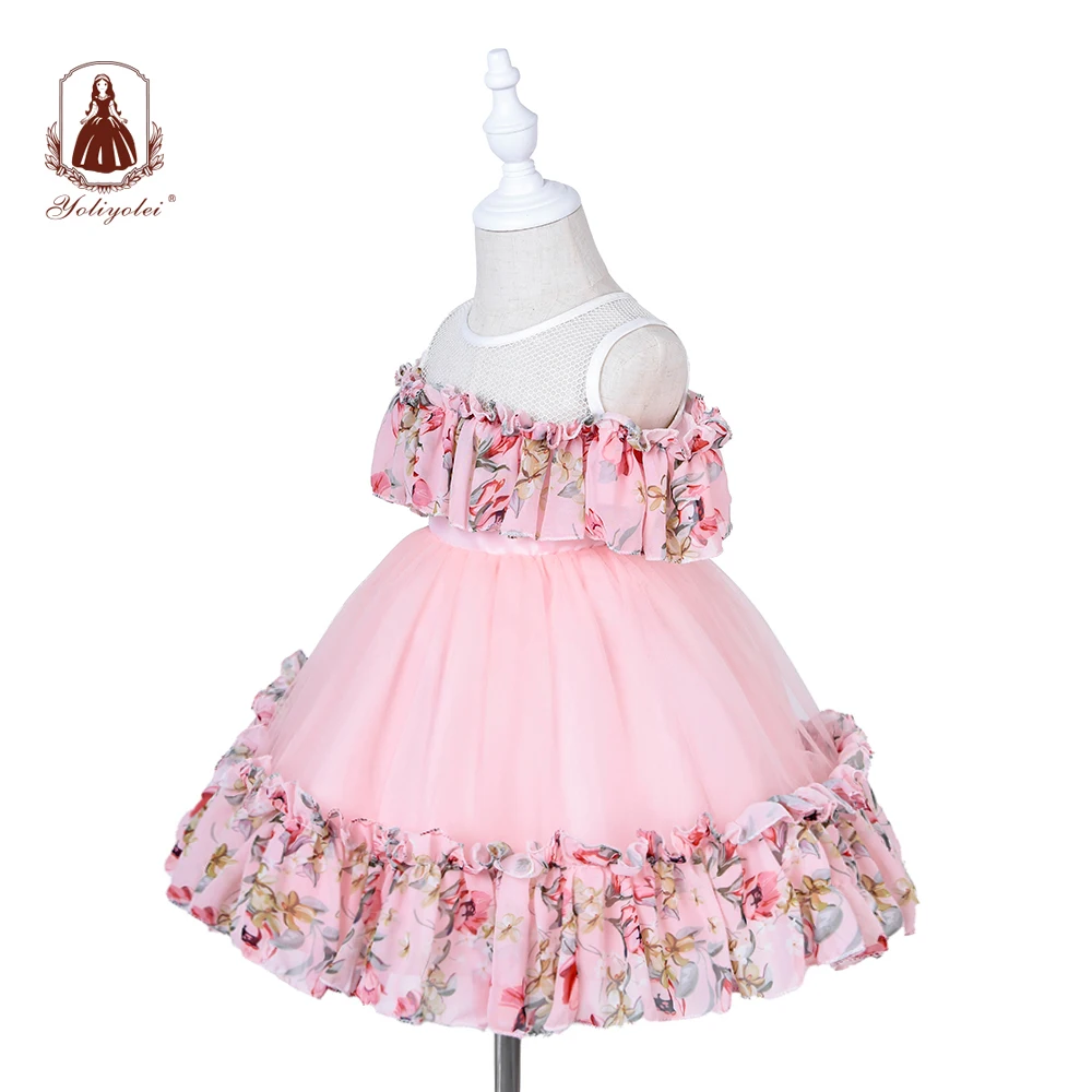 Kids Children Chiffon Cotton Peach Pink Flowers Layered Ball Gown Girls