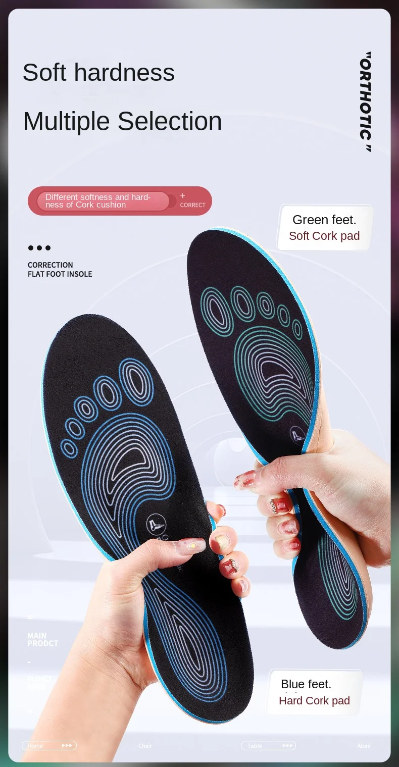 Cork Flat Foot Correction Insoles for Men and Women Shock Absorbing Foot Arch Support Orthopedic Orthotic Made of EVA Material