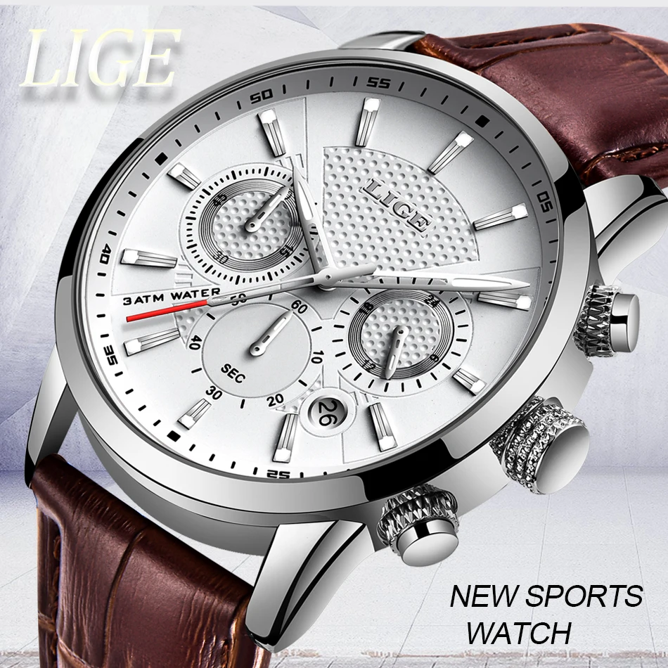 LIGE 9866 classic High Quality Watch Quartz Chronograph Leather Waterproof