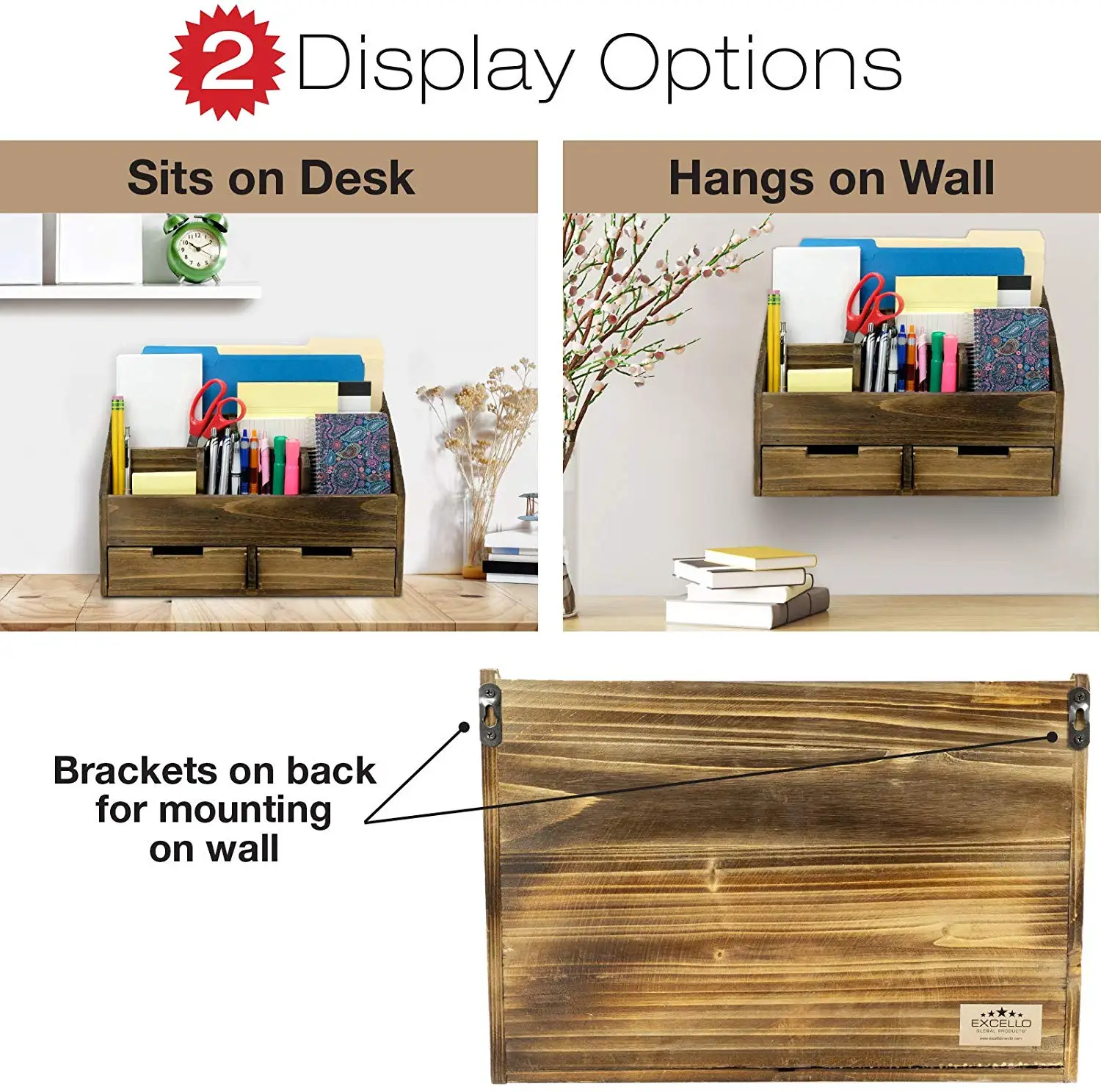 Rustic Wood Office Desk Organizer Includes 6 Compartments And 2