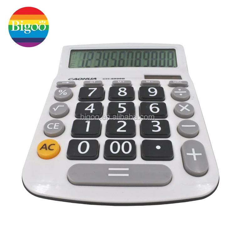 White Solar 12 Digits Display Calculator With Big Black Button For