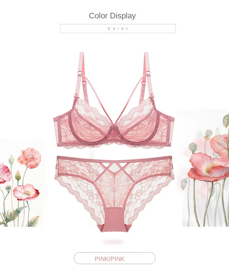Women's Sexy Lace Ultra-Thin No Sponge Bra Set Transparent Adjusted-Straps Low-Rise Bikini Panties Logo Waist for Large Chest