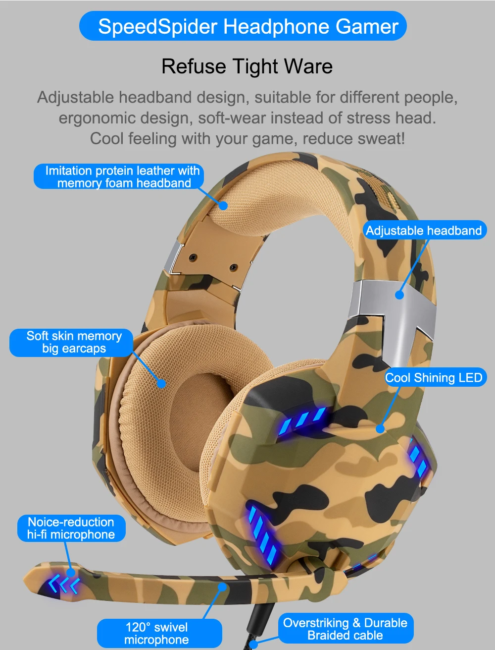 Best Sells Wired Over Ear Computer PC Ps4 Headphone Gamer With Microphone, Camo Army Gaming Headset G2000