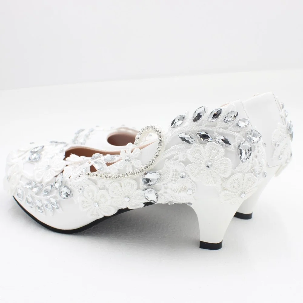 Women's White Wedding Shoes European American Style 8cm High Heels PU Round Toes Large Size Elegant Rhinestone Lace Bridal Shoe