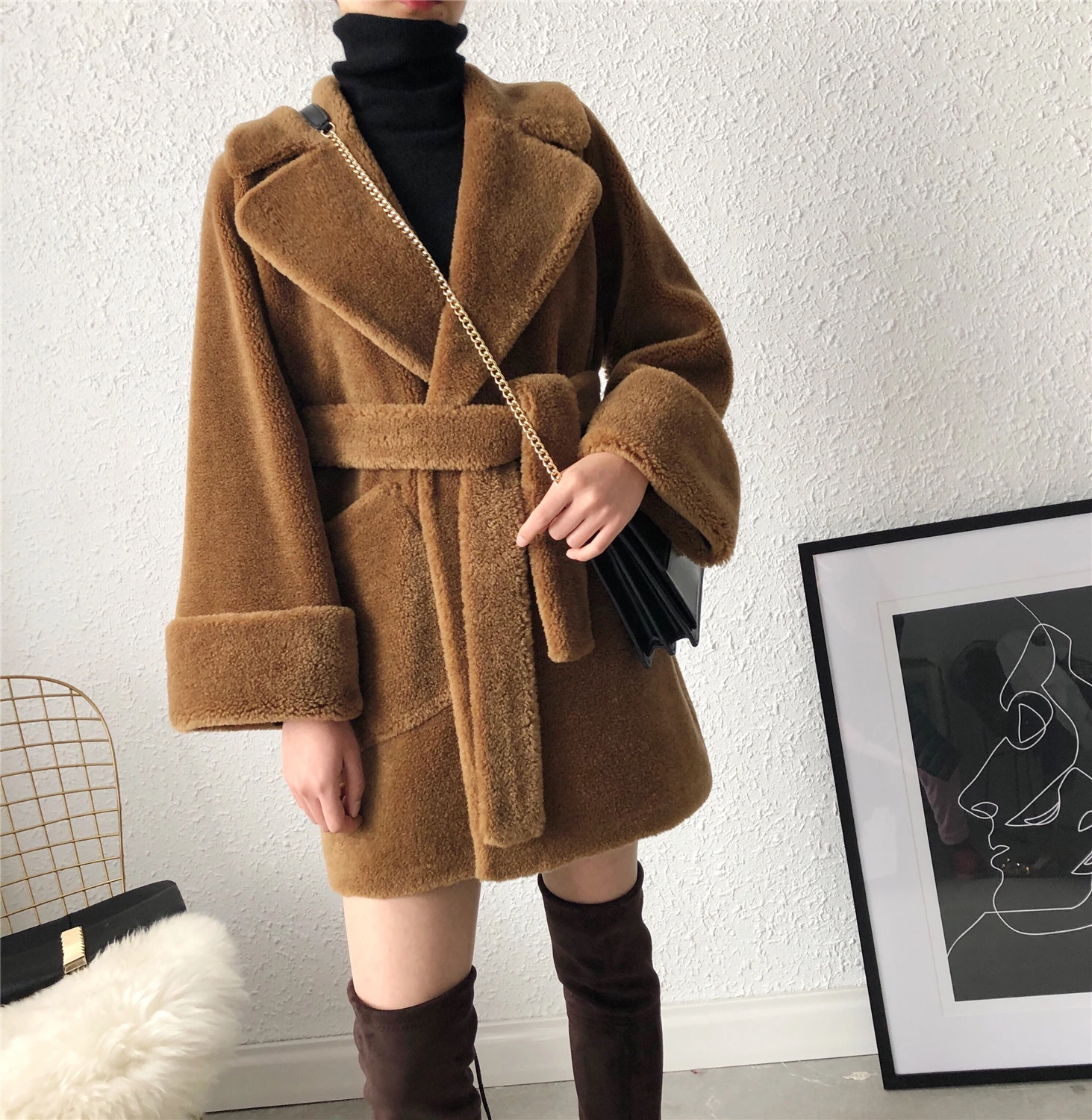 定制女装冬季超大超保暖长款人造毛皮羊毛大衣 - buy faux shearling