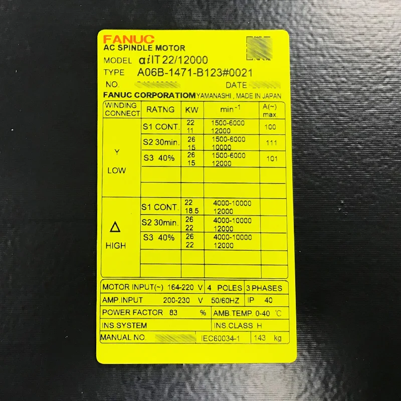 Fanuc CNC Các Bộ Phận Động Cơ Trục Chính A06B-1471-B123 #0021