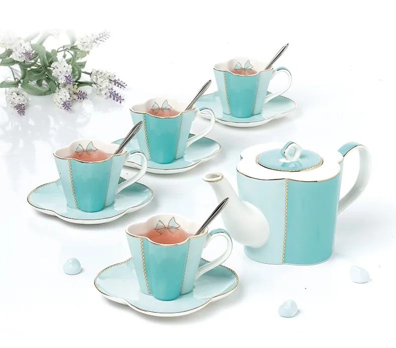 Hot sell tea pot tea cup and saucer, with stainless steel spoon tea set factory