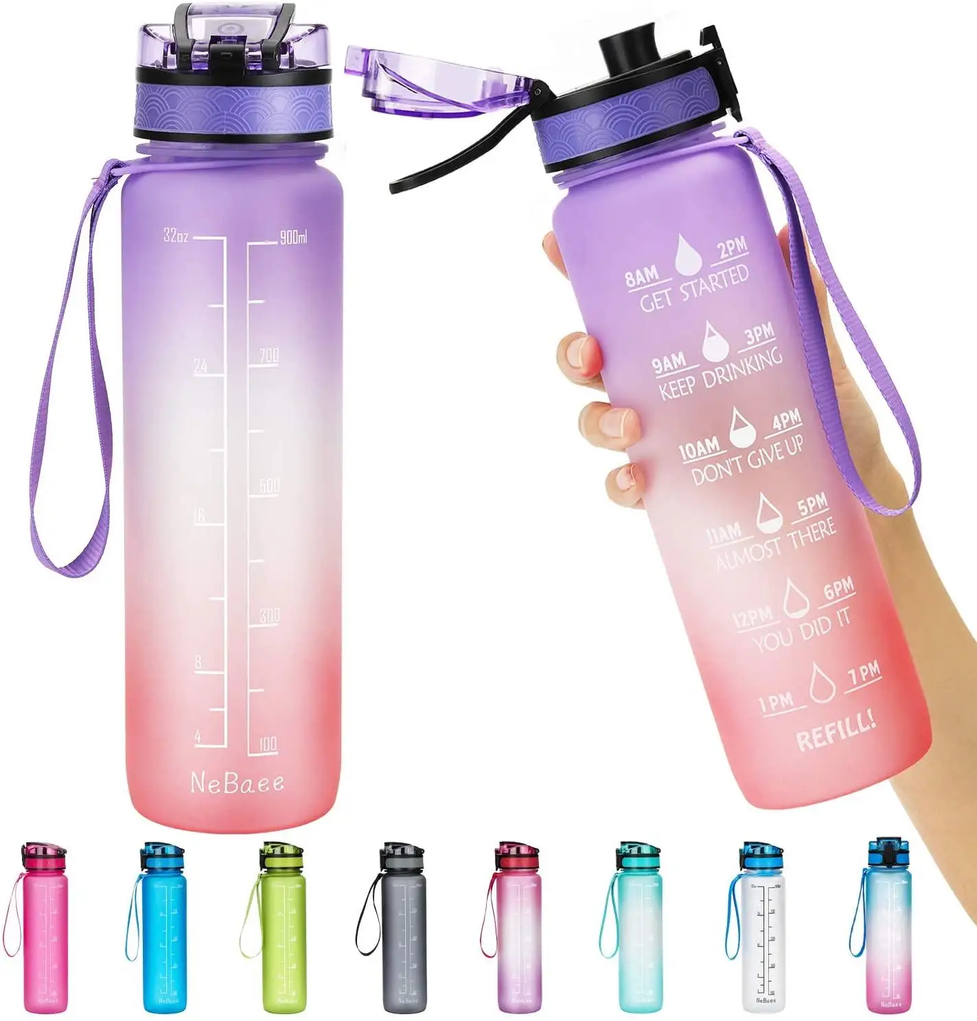 1 Liter Fitness Sports Water Bottle With Time Marker Leakproof Durable ...