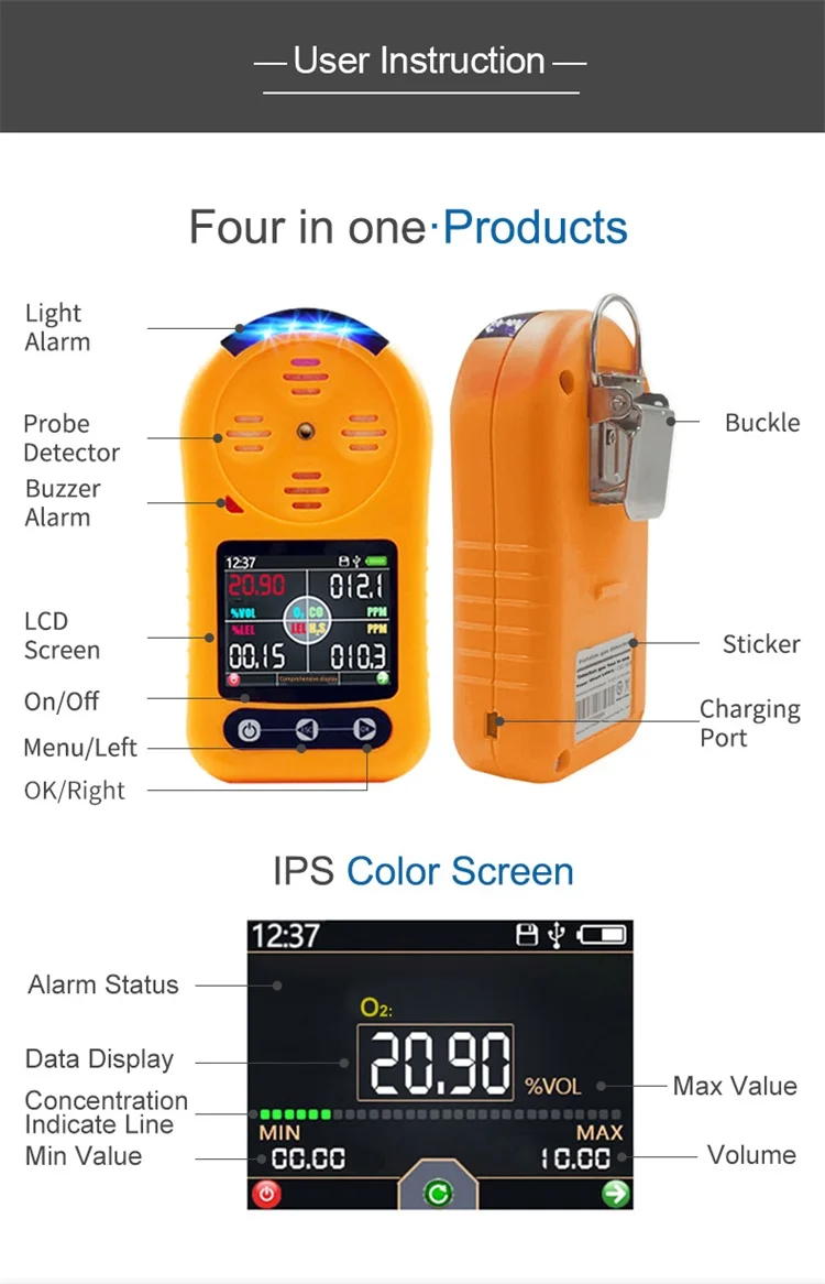 4in1 Gas Detector Alarm Multi Gas Monitor For O2 Ch4 Co H2s Portable