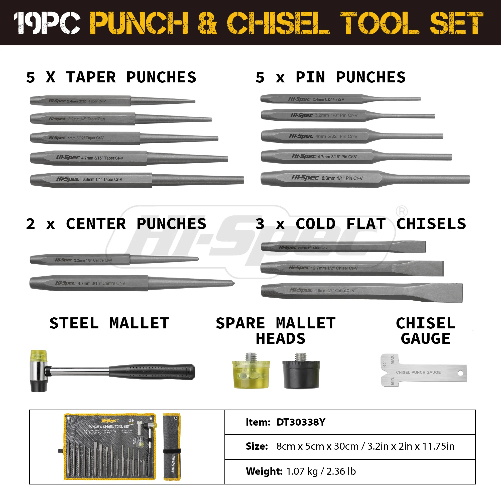 19pc Punch Chisel Set Taper Pin Center Punches Cold Flat Chisels