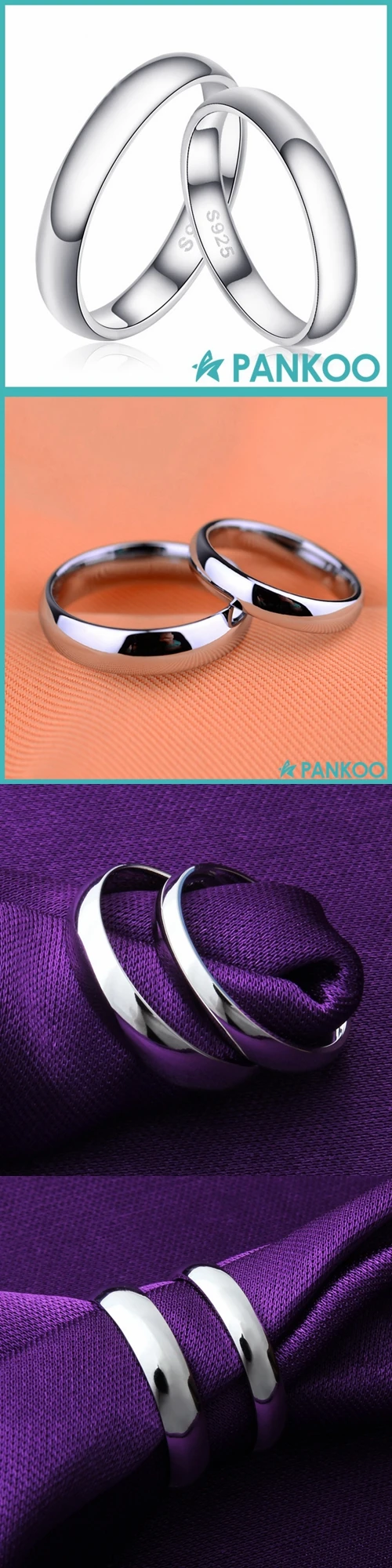 Custom Engrave Couple Name 925 Sterling Silver Platinum Plated Smooth Wedding Ring Set For Lover