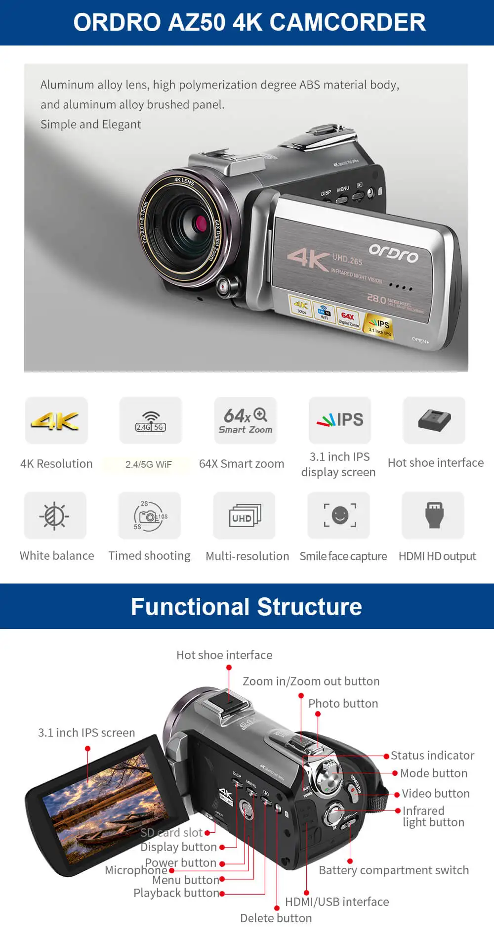 AZ50 Digital Video Camera 4K WiFi IR Night Vision 64X Zoom Camcorder Stereo Microphone Camera Photography Digital Video Recorder