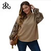Woman Large Size O-neck Long Sleeve Pullover Hoodie Leopard Casual Crew Neck Mustard Sweater Tops