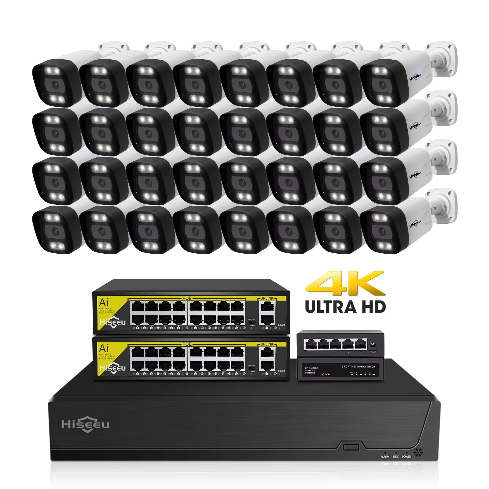 NDAA-compliant 4K dome camera mounted on warehouse ceiling with PoE cable