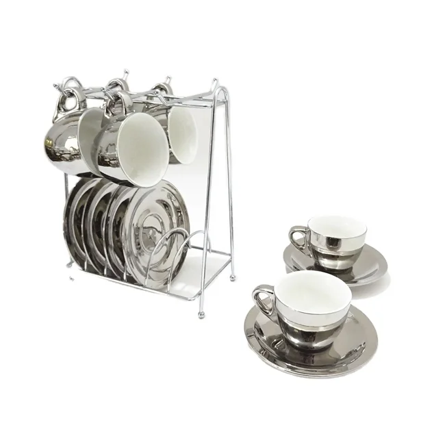 Luxury 12 Pcs Gold and Silver Electroplating Porcelain Coffee/tea Cups and Saucer Set With Rack Espresso Cup Set manufacture
