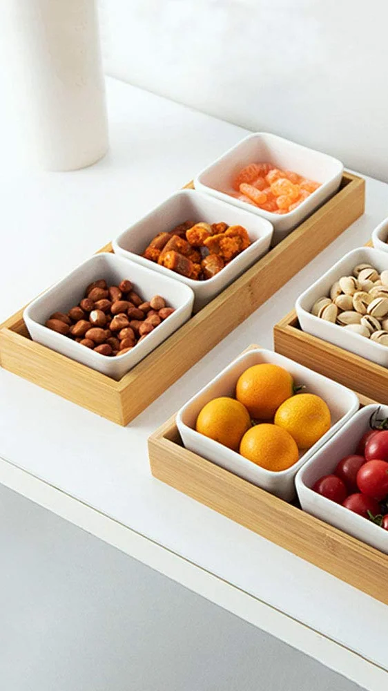 Home Decor Snack Serving Tray 3 Compartment Removable Ceramic Bowls