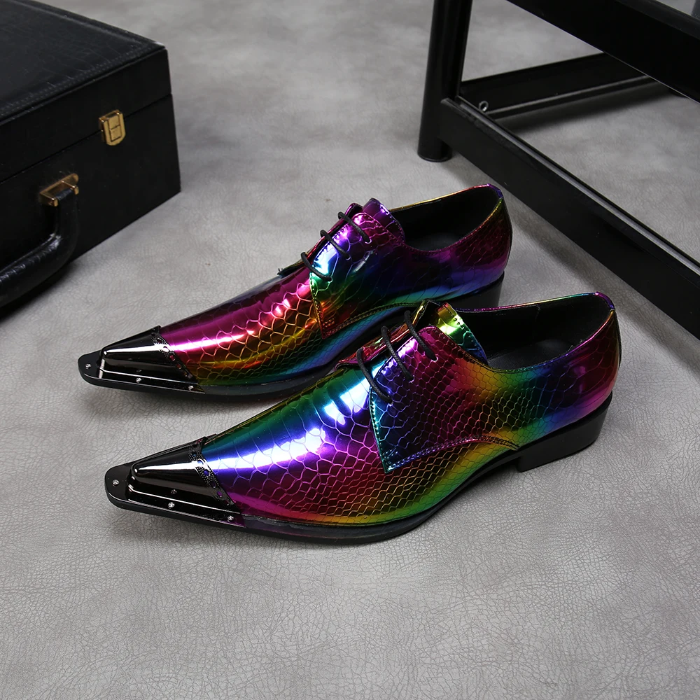 Na222 Colorful Pattern Men Party Leather Shoes Metal Pointed Toe Formal ...
