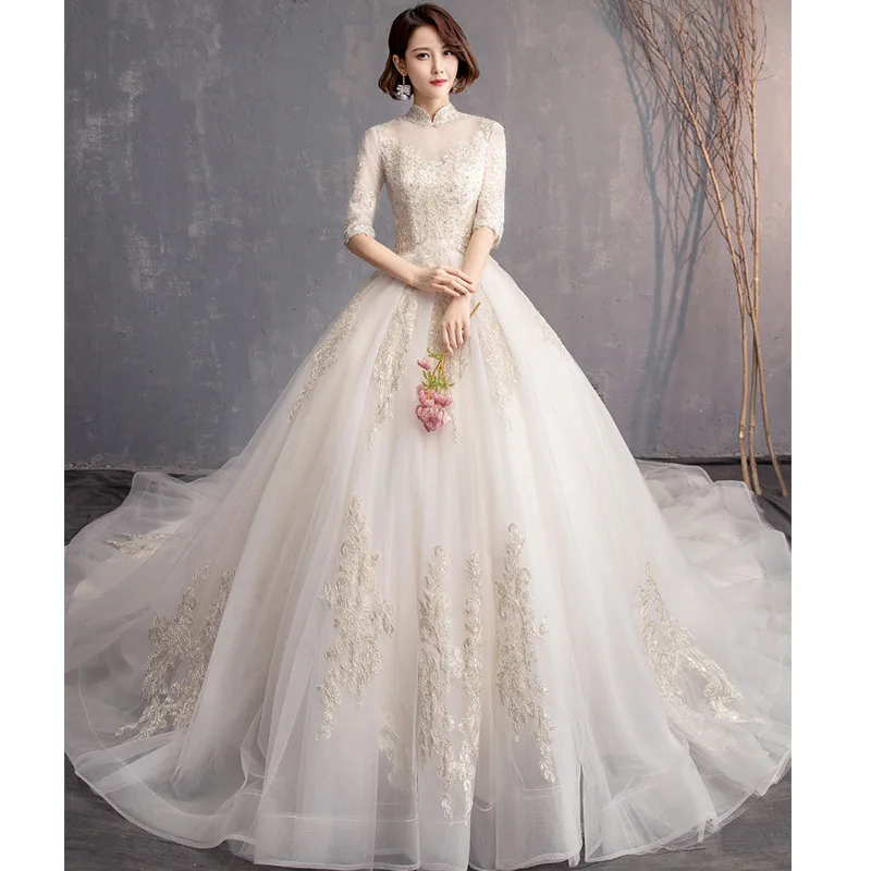 2019 High Neck Lace Half Sleeve Light Champagne Lace Wedding Gown Vintage Bridal Gown with long tail