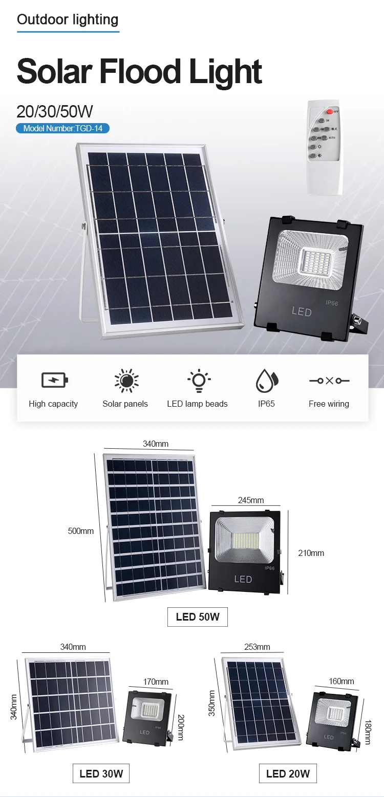 High lumen IP65 Waterproof Garden Security Floodlight SMD 20W 30W 50W 100W 200W Remote Control Outdoor Led Solar Flood Light