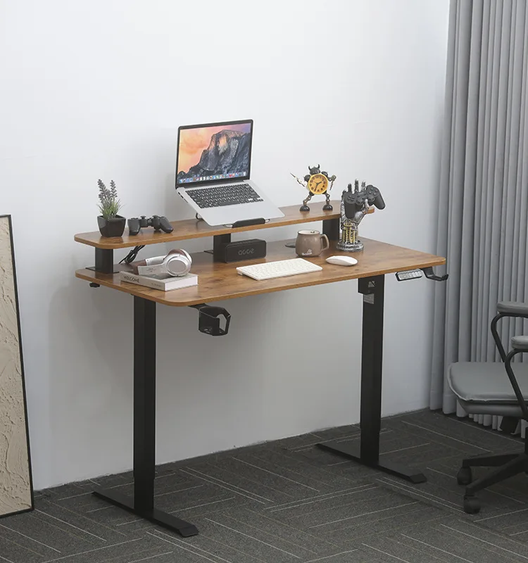 product modern double layer electric lift computer desk adjustable home office study  gaming workbench with iron metal panel wood style-11