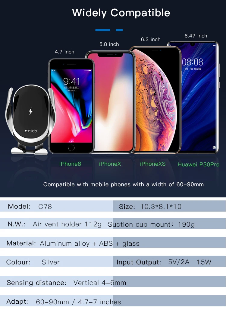 Universal Built-In Battery Smart Phone Charging Holder Mobile Phone 15W Qi Wireless Car Charger Mount