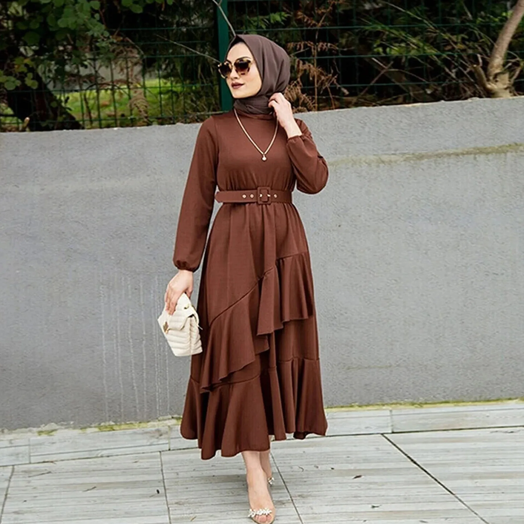 turkey fashion dresses for ladies 2024 Wholesale Pleated Elegant Tunic Long Sleeve Satin Double Ruffle Muslim Dress /jackets/blazers
