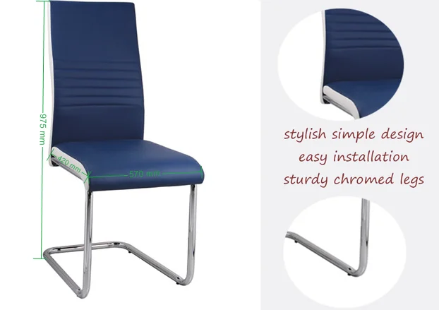 Hot selling Chinese upholstered PU chromed metal legs elegant blue  sillas de comedor