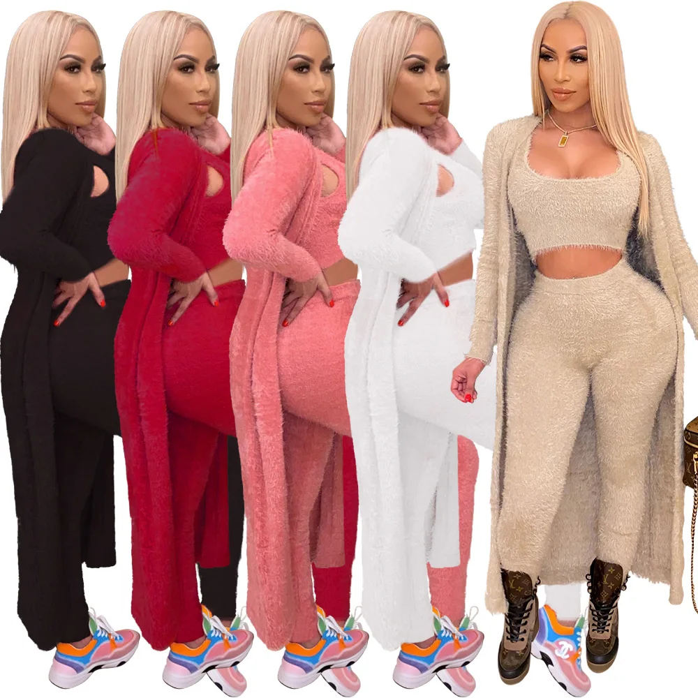 

2021 spring Best Design Sweater cardigan Knitted Long Pants Crop Tops High Quality 3 pieces set women knitted sweater suits, Customized color
