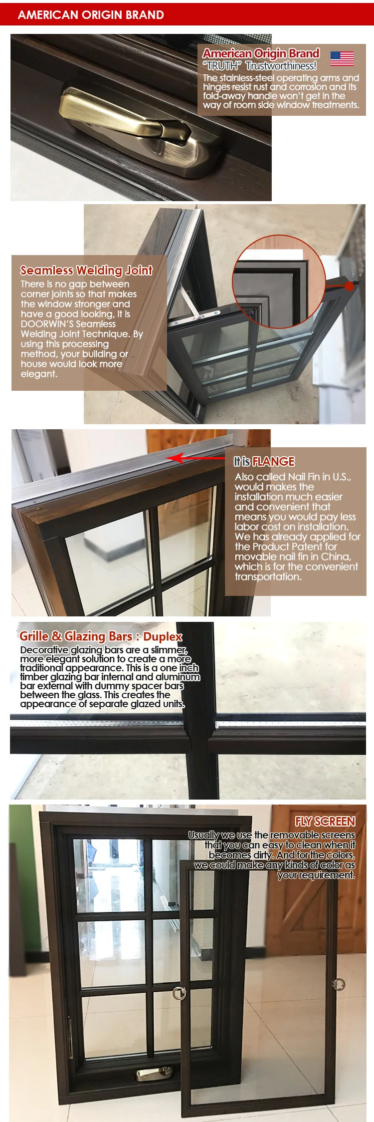 wholesale American House Solid Wood Glass-Window-Grill-Design Swing Out Crank Casement Window with Mosquito Net