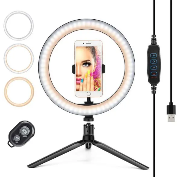 

10 Inch Cell Phone Lamp Camera Holder Led Ring Light With Remote Vanity Wheel Usb Led Selfie Ring Light