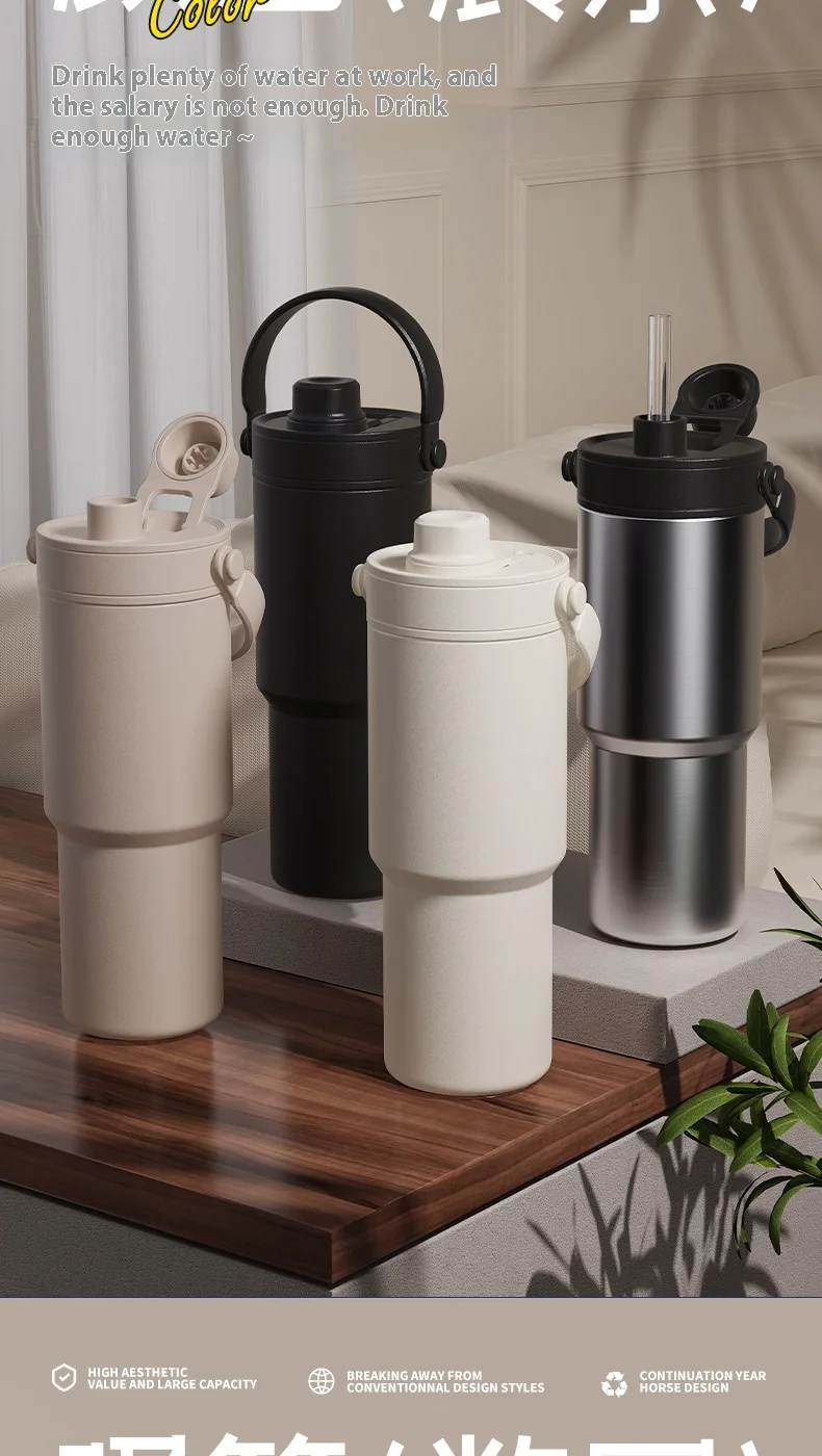 Large Capacity Stainless Steel Vacuum Flask Thermos Cup Striped Ceramic Liner Car Cup Tea Coffee On-The-Go Beverages